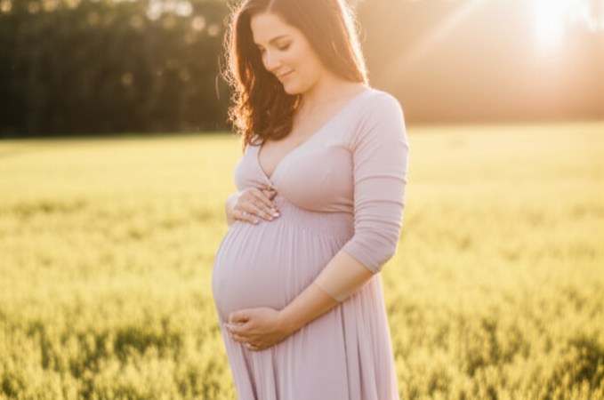 Radiant pregnant woman in flowing dress, cradling baby bump in a serene outdoor setting. Maternity photography celebrates pregnancy glow with natural poses.