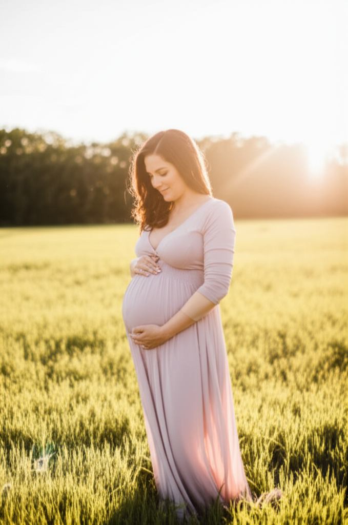 Radiant pregnant woman in flowing dress, cradling baby bump in a serene outdoor setting. Maternity photography celebrates pregnancy glow with natural poses.