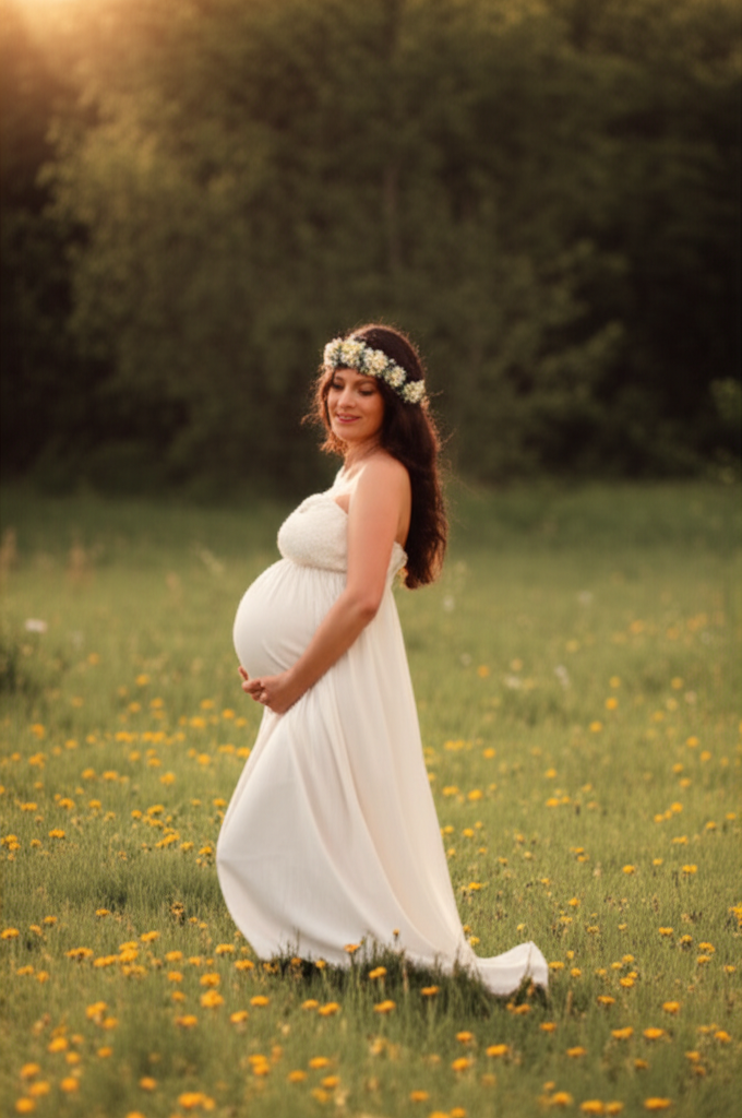 Radiant pregnant woman cradling baby bump in golden hour light, best maternity poses, expecting mother, pregnancy photoshoot, joyful anticipation